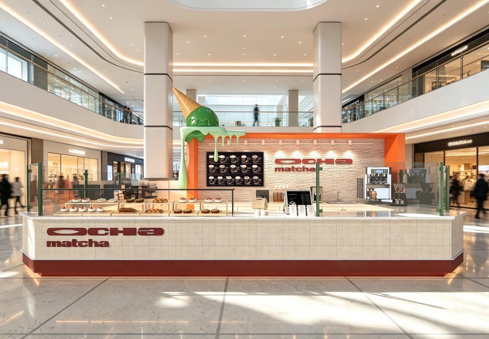 The Serramonte kiosk straight on, showing the menu board, the wordmark and the soft serve machine.