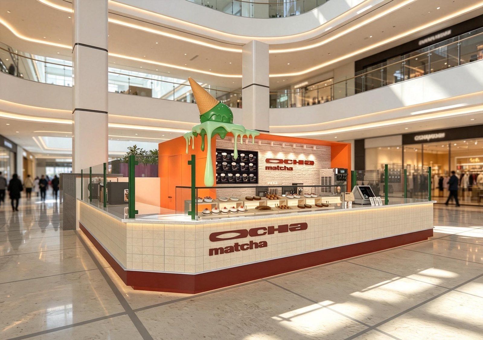 The Ocha Matcha kiosk at Serramonte Center: a tiled counter with a pastry case, an orange back volume and an oversized matcha cone above it.